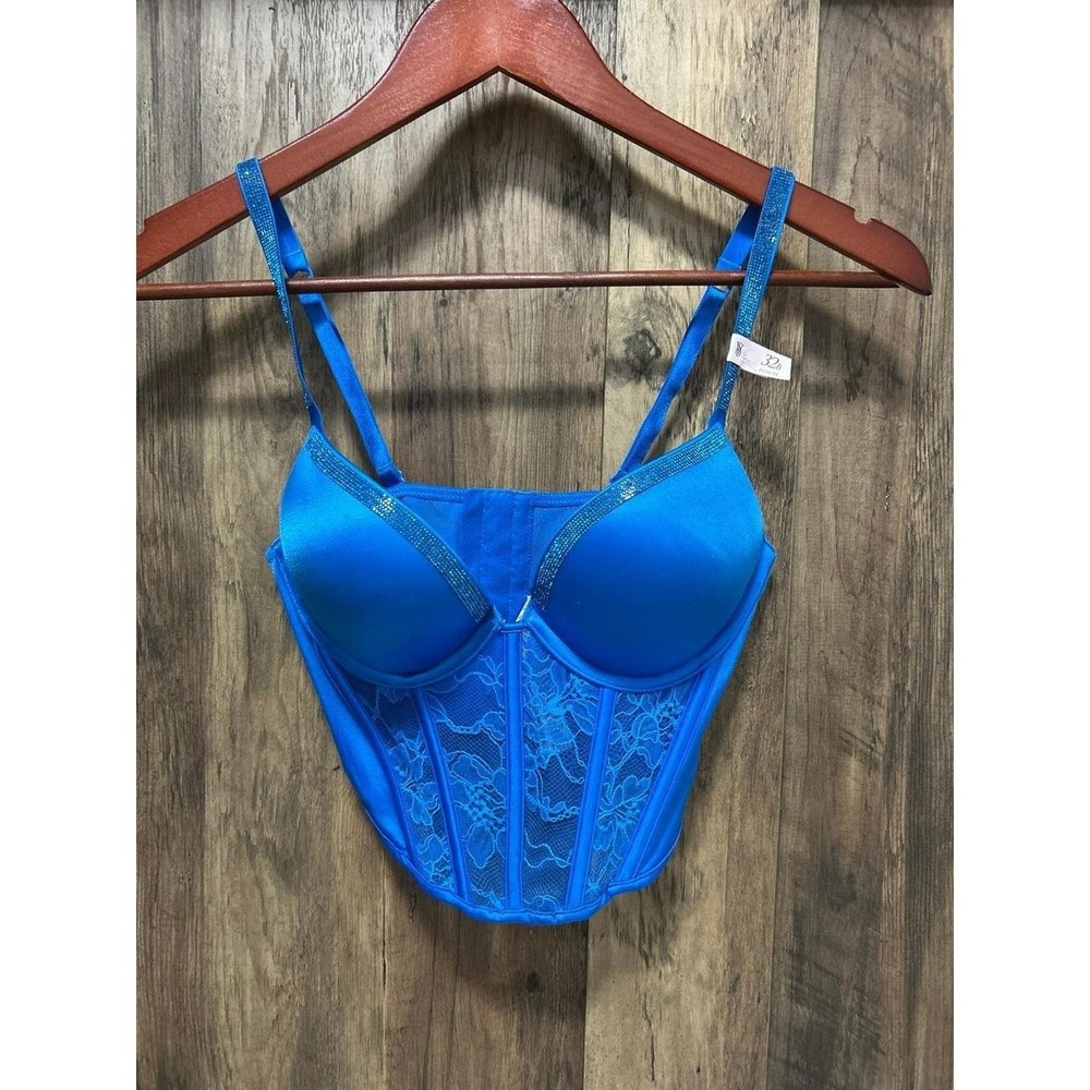 Victoria's Secret Bombshell Push Up Bra Corset 32B Blue Rhinestone Straps NWT